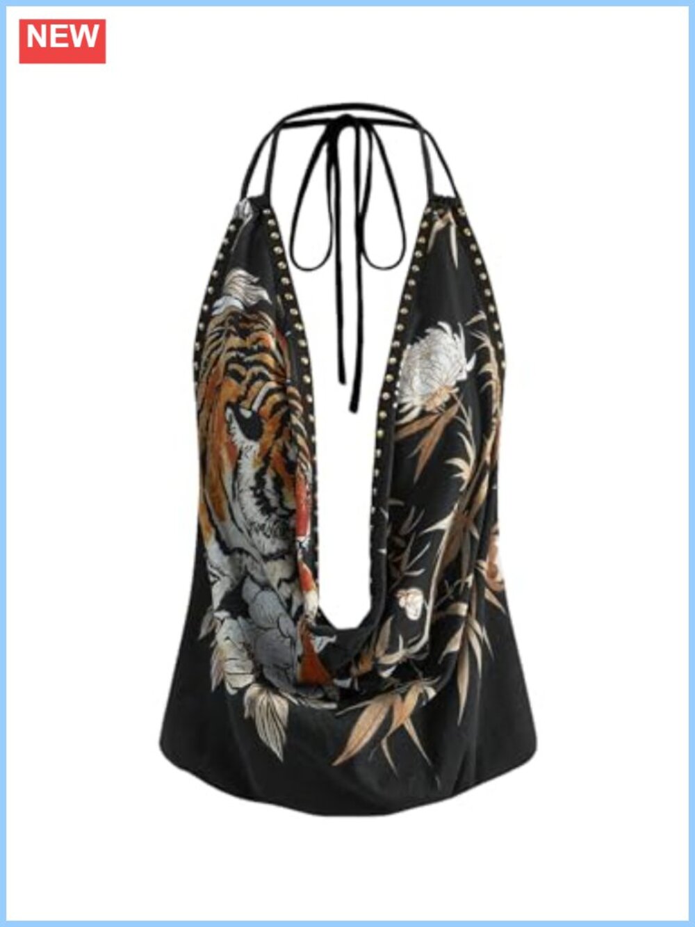 Plunge Deep V Halter Tank Top Studded Backless Festival Punk Grunge